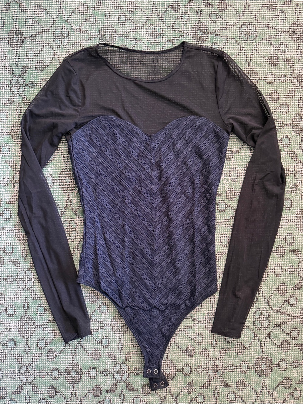 Abercrombie & Fitch Black Lace Chevron Mesh Long-Sleeve Bodysuit